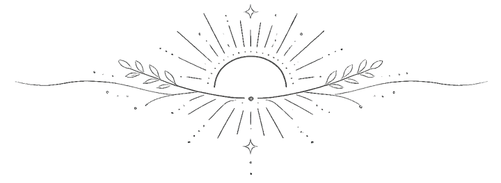 Schwarz-weiße Zeichnung einer stilisierten Sonne mit Strahlen, umgeben von dekorativen Linien und Blättern.