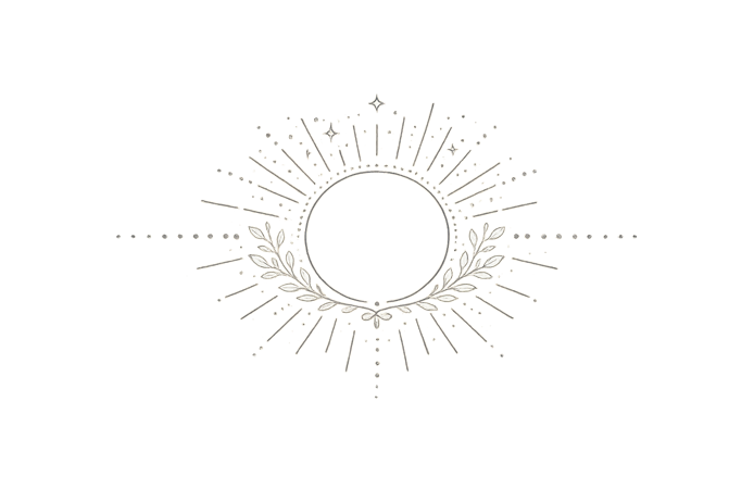 Schwarz-weiße Zeichnung einer stilisierten Sonne mit Strahlen, umgeben von dekorativen Linien und Blättern.
